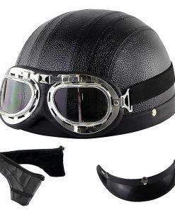 Unbranded Casque Harley Moto Demi-visage Casque En Cuir Avec Lunettes Anti-uv 54-60cm
